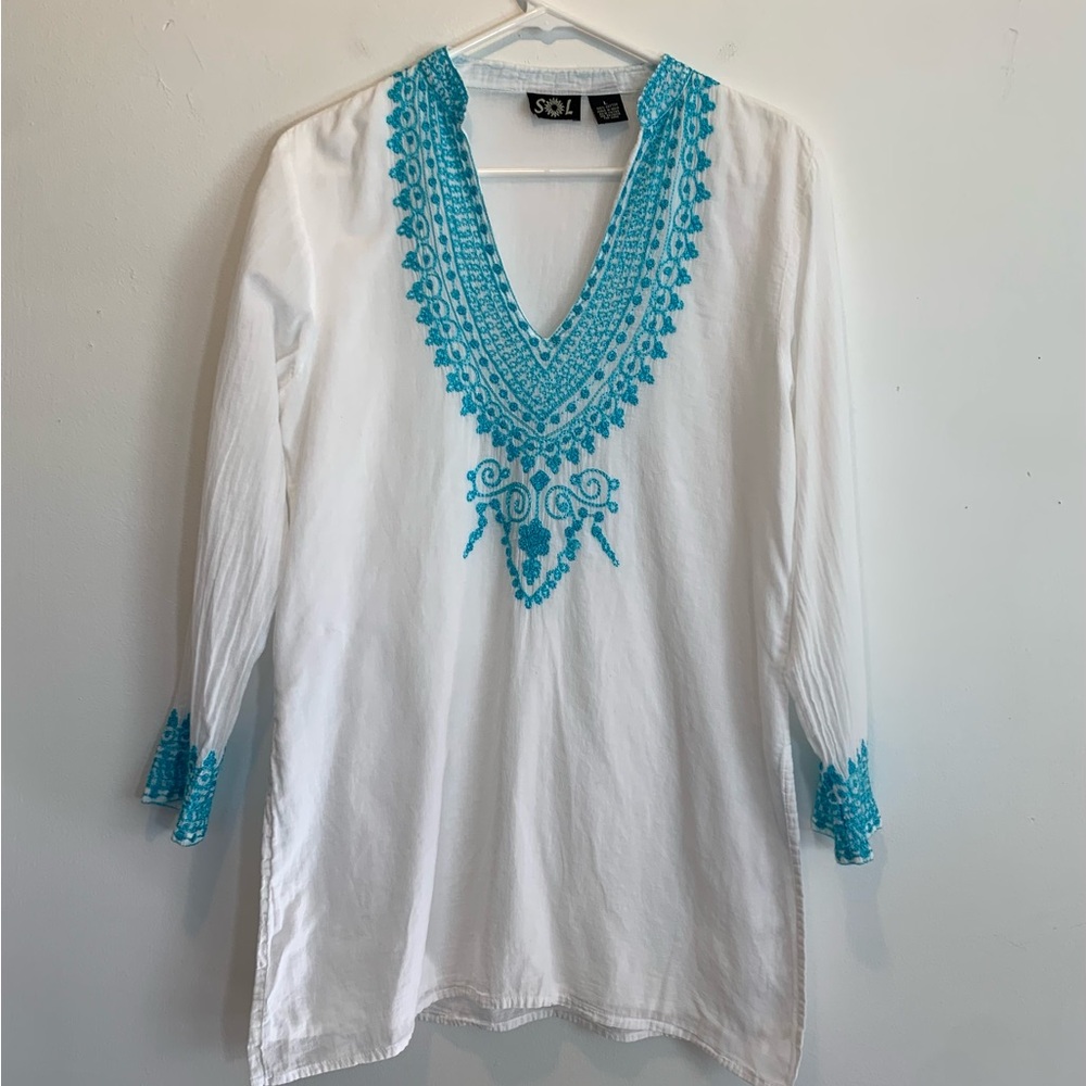 SOL India Gauze Turquoise Embroidery Coverup Tunic Large